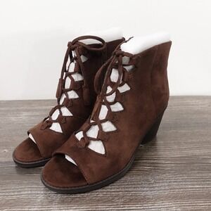 Frye & Co Azure Peep Toe Booties‎ Women 6 Brown New Lace Up Block Heel Boots